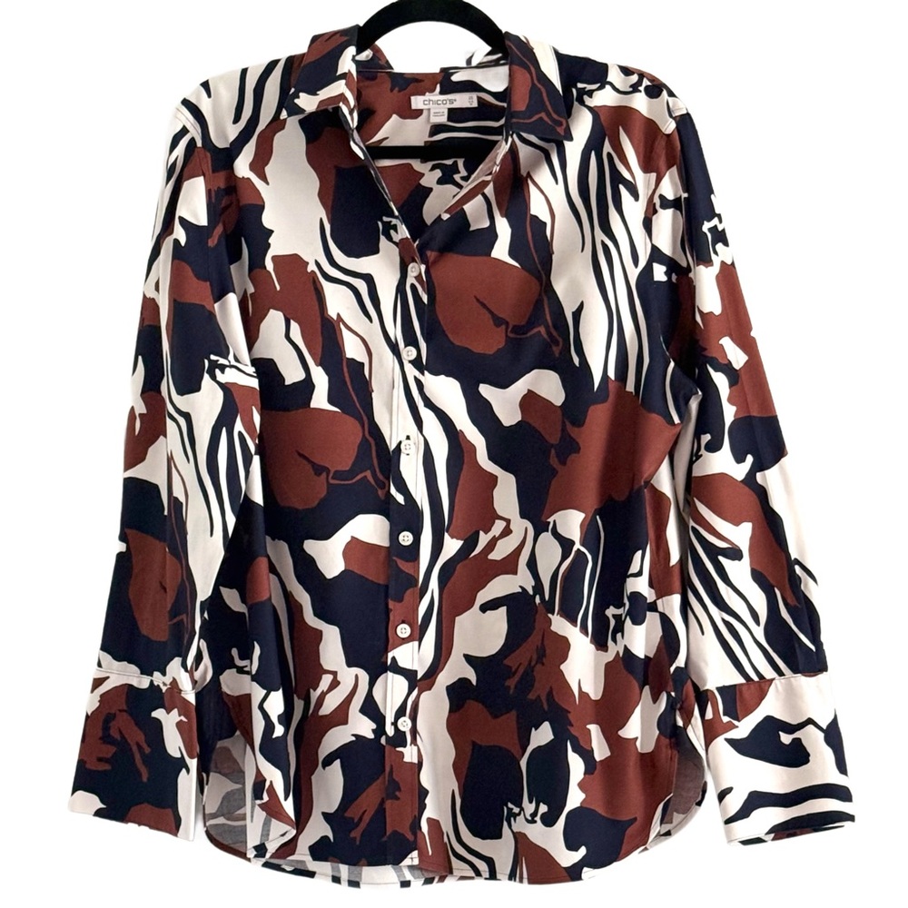 🌻 Chico's Abstract Button-Down Shirt - Brown, Black, and White Size Large